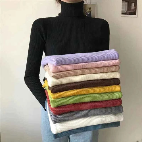 2026 Simple Women Turtleneck Sweater Winter Fashion Pullover Elastic Knit Ladies Jumper Casual Solid Black Female Basic Tops