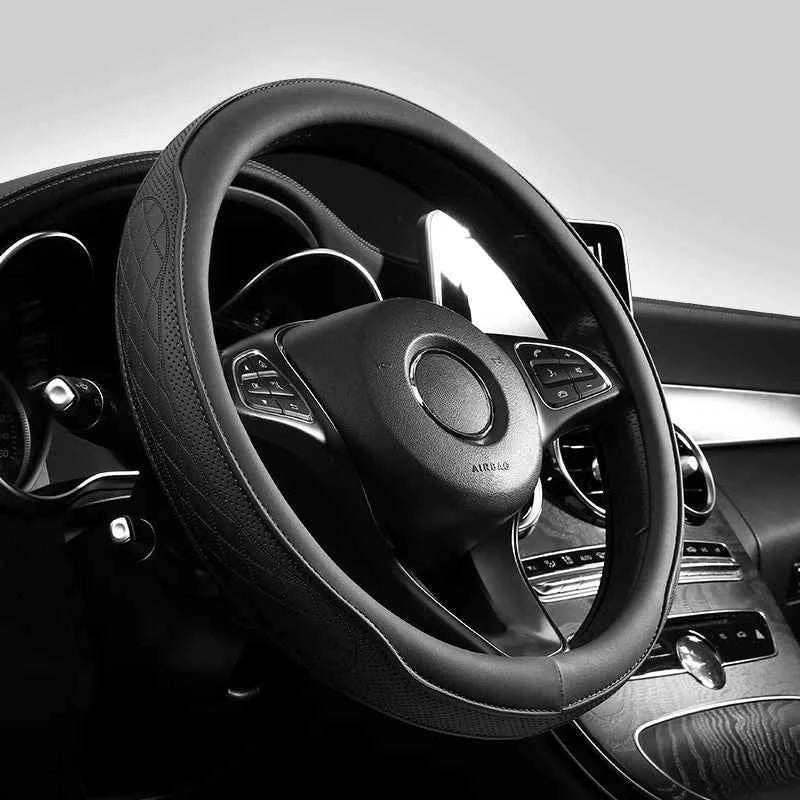 Embossed PU Leather Patchwork Car Steering Wheel Cover, Non-slip, Breathable, Universal 15 Inch (Approx. 38cm)