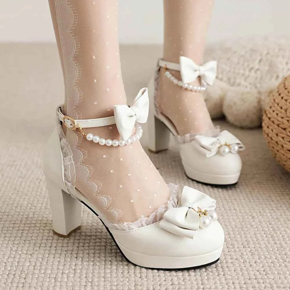 Spring Pearl Ankle Strap Women High Heels Mary Jane Pumps Party Wedding Cosplay White Pink Bow Princess High-heeled Lolita Shoes