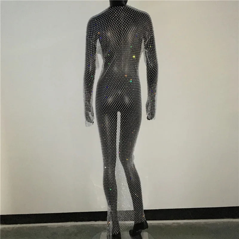 Y2K Sexy Shiny Rhinestones Grid Fishnet Dress Long Sleeve Hollow Out Side Slit Dress Beach Cover Up Breathable Lady Vestidos