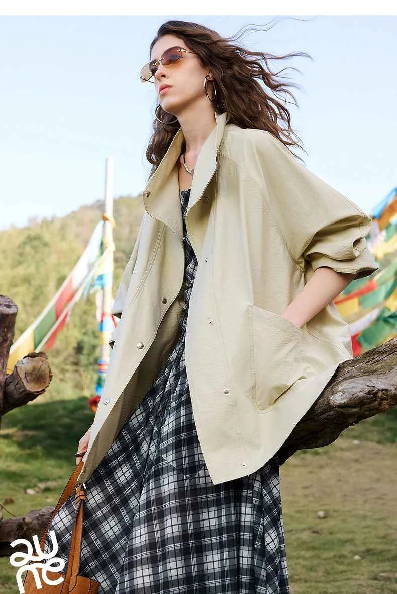 TOYOUTH Women's 2026 Spring New Loose Stand-Collar Utility-Style Lightweight Jacket Coat with Slub Wrinkle Texture