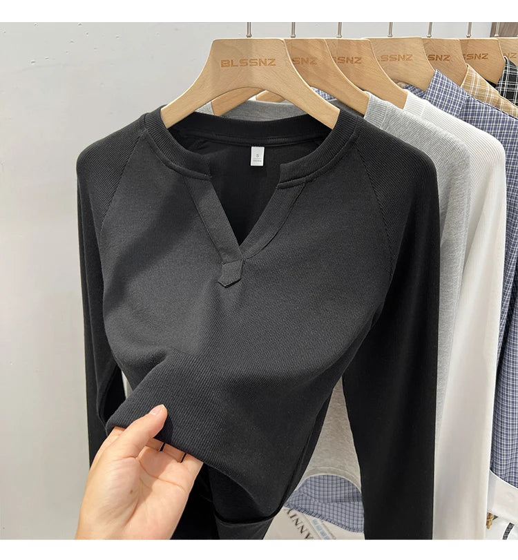 2026 Women's Basic Style Slim Fit V-Neck Long Sleeve T-Shirt Korean Style Versatile Simple Base Layer Top Casual Tee for Women