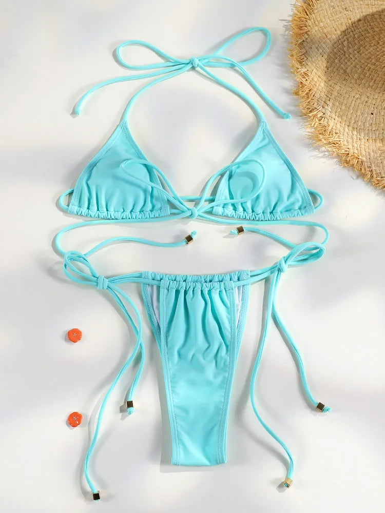Sexy Bikinis Micro Thongs Swimsuit Women Bathing Suit Rings Biquini Bandage Beachwear Print Swimwear Sexy Bikini Sets With Chain
