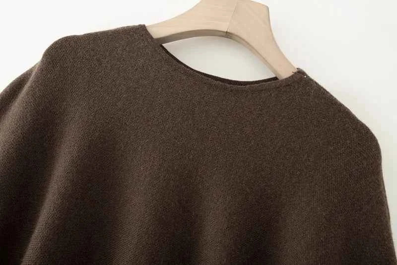 ETJ 2025 women's new fashion oversized loose version of the round neck cape sweater solid color bat sleeve sweater