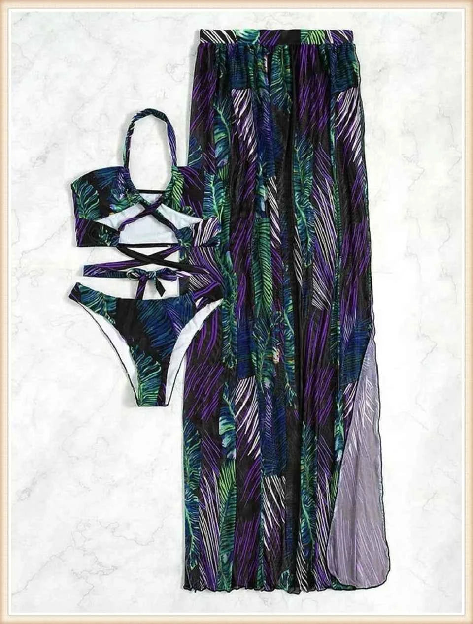 3 Pieces Print Cross Bikini 2025 Women Sexy Halter Swimsuit & Cover Up Beach Dress Swimwear Bathers Bathing Swimming Suit Summer