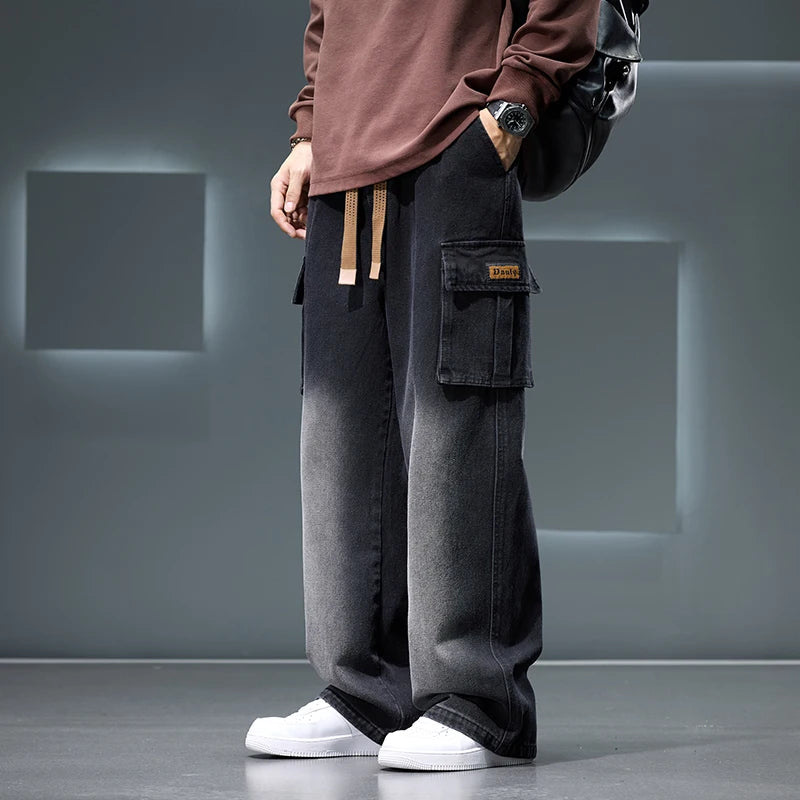 2026 New Wide Leg Washing Jean Pants Men Trousers Neutral Solid Color Loose Casual Fashion Pocket Cargo Pants Big Size 8XL
