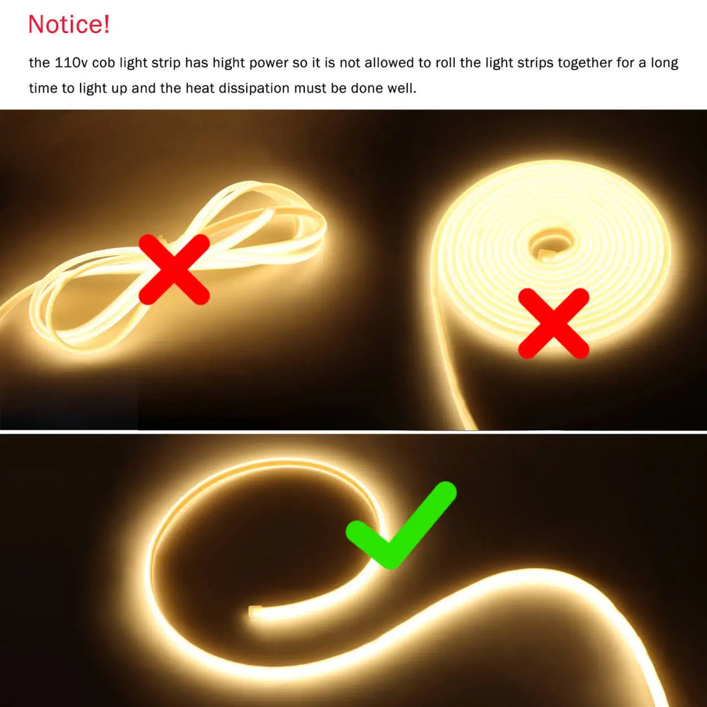 110V 220V Cob LED Strip Light Super Bright Waterproof with EU US Power Supply Switch 288 LEDS/m Warm/Neutral/White Outdoor Decor