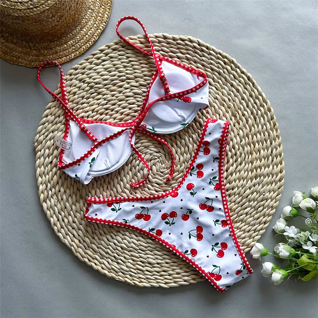 Cherry Printed Underwired Brazilian Bikini Women Swimwear Female Swimsuit Two-pieces Bikini set Bather Bathing Suit Swim K5913