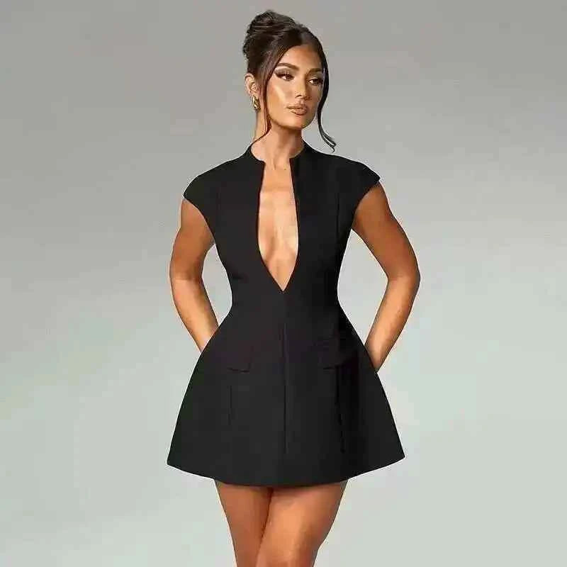 Townlike Pocket Elegant A-line Dress Women Mini 2024 Spring Summer Dress Deep V Neck Nightclub Sexy Party Dresses Vestidos
