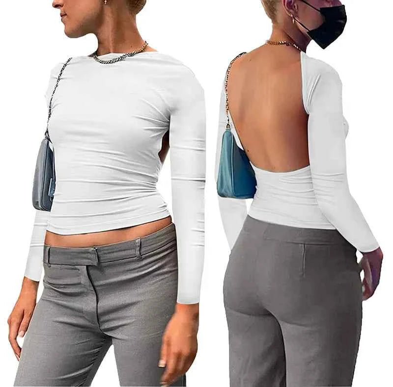 Backless Short Sleeve Blue Y2K Crop Top Women Casual O Neck  Summer T Shirts Sexy Vintage Cut Out