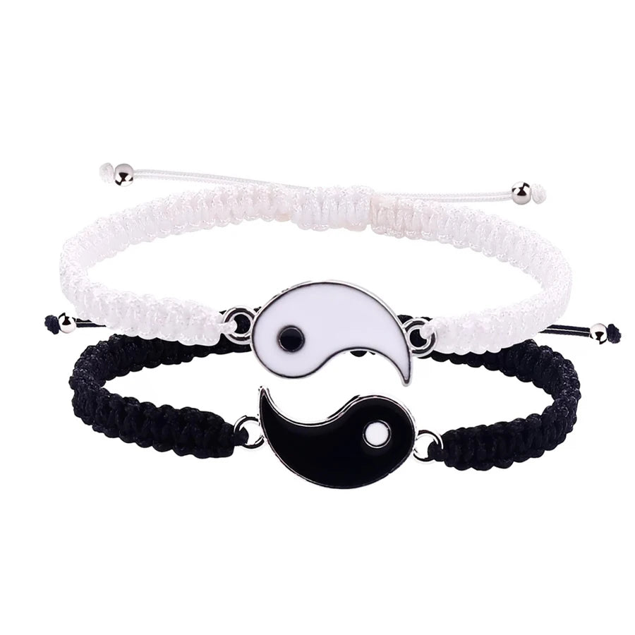 1 Set of 2 Simple Tai Chi Bagua Black and White Yin and Yang Rope Braided Telescopic Adjustment Bracelet for Men and Women Coupl