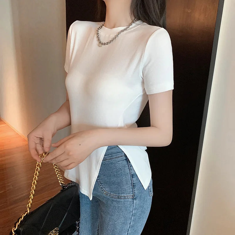 Korean Solid Slit Design Short Sleeve Tee Summer Y2K Streetwear Sexy Top New American Fashion All-match Top for Women