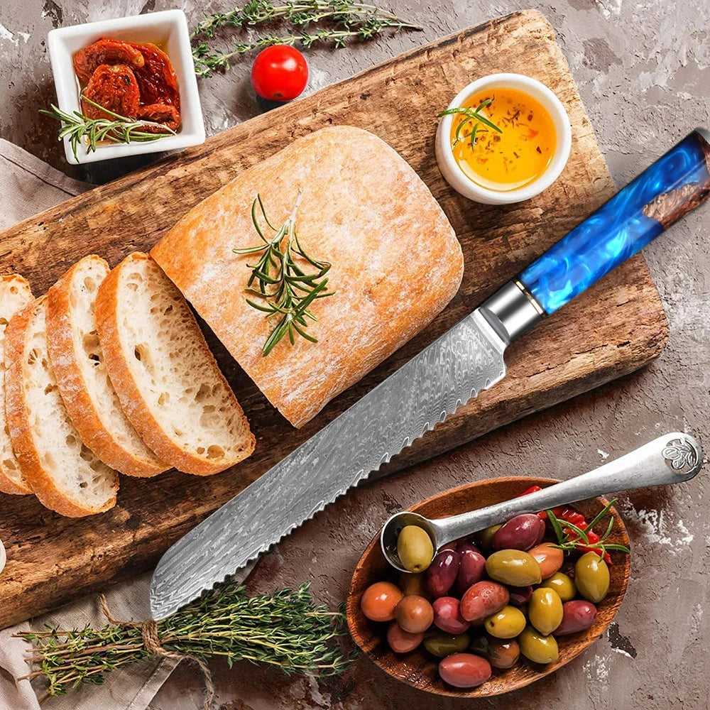 1-8pcs Professional kitchen knife set Damascus Steel Set for Meat Cutting Sushi Peeling and Boning Blue Resin Wood Handle