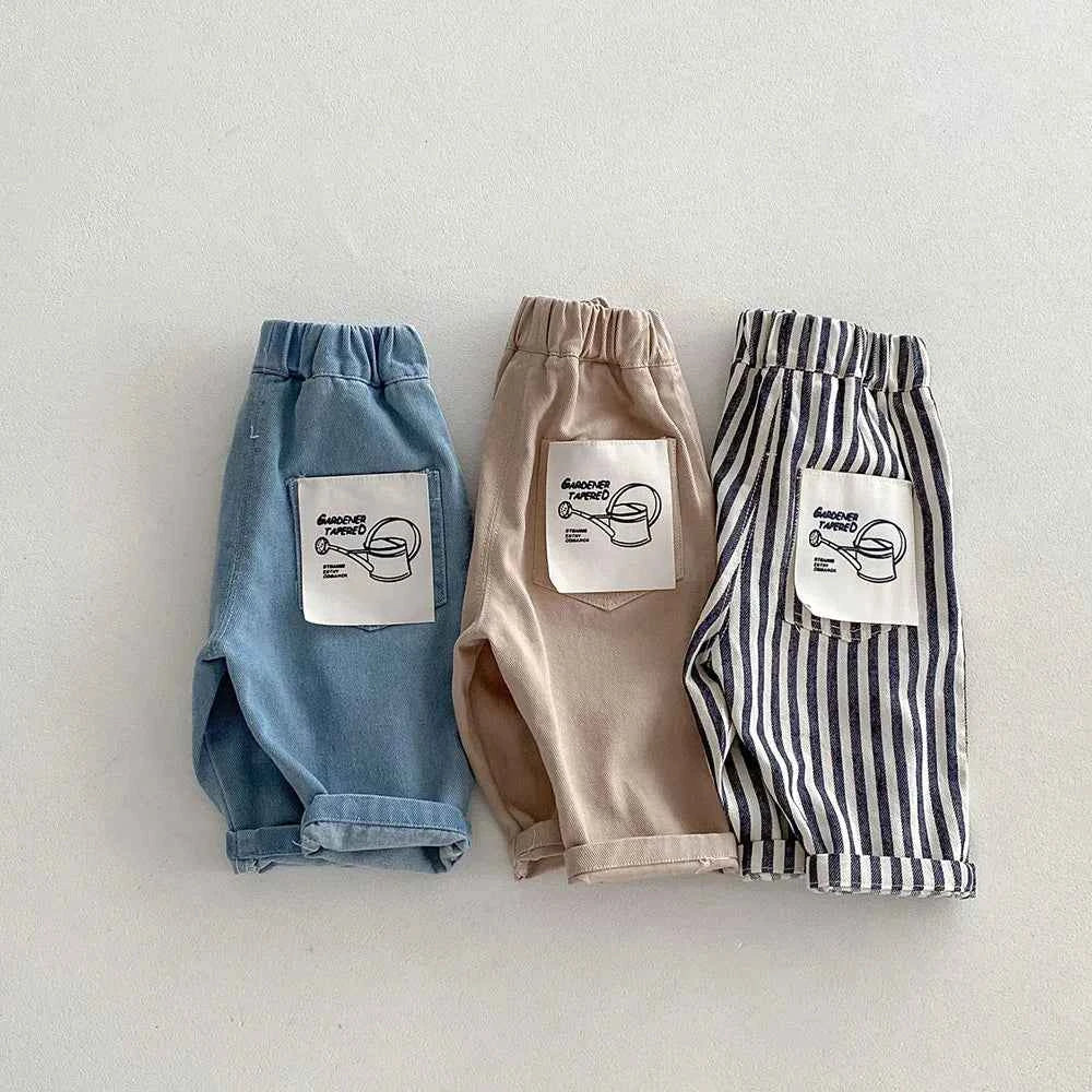 New Autumn Kids Tapped Casual Striped Pants 0-5T Girls Boys Fashion Stripe Trousers Children Solid Denim Jeans Britches