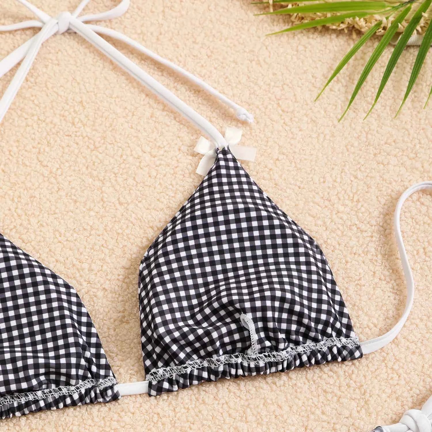 Circyy 2026 Bathing Suit Women Plaid Dot Split Swimsuit Neck-mounted Bow Tie Beachwear Vintage Simple Two-piece Bikinis Summer