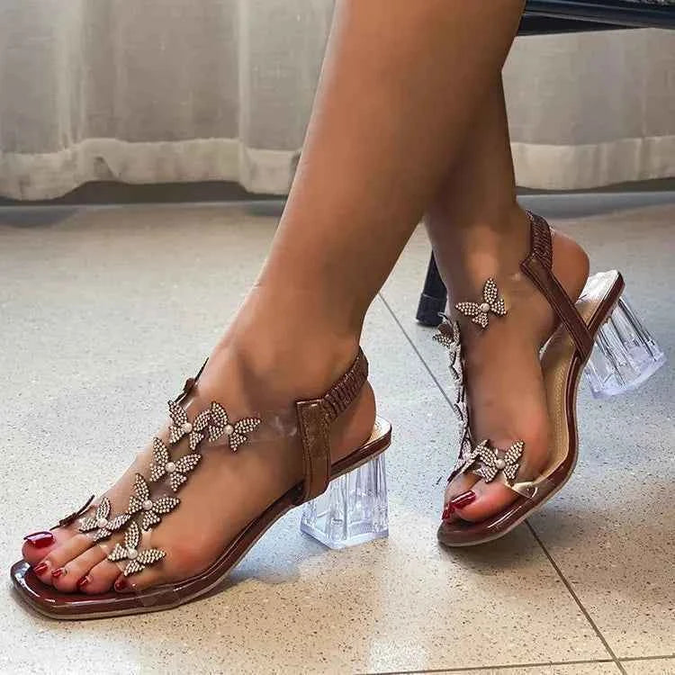 2024 Summer Rhinestone Butterfly Sandals, New Crystal and Fashion Transparent High Heels, Casual Street Women's Shoes