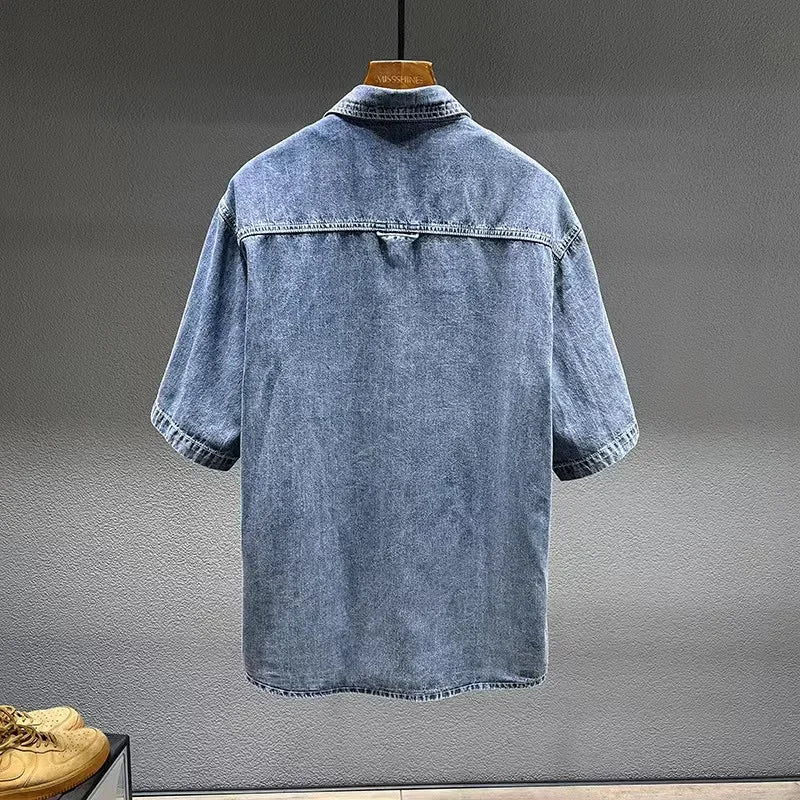 Summer New Men's Denim Short-sleeved Shirt Retro Large Size Tooling Loose Casual Denim Tops All-match 7XL 8XL