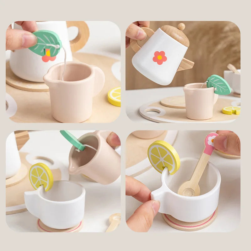 Kids Pretend Play Toys Popular Kids Kitchen Toys Realistic Wooden Tea Set Party Toy Set Children's Simulation Tea Set Gifts