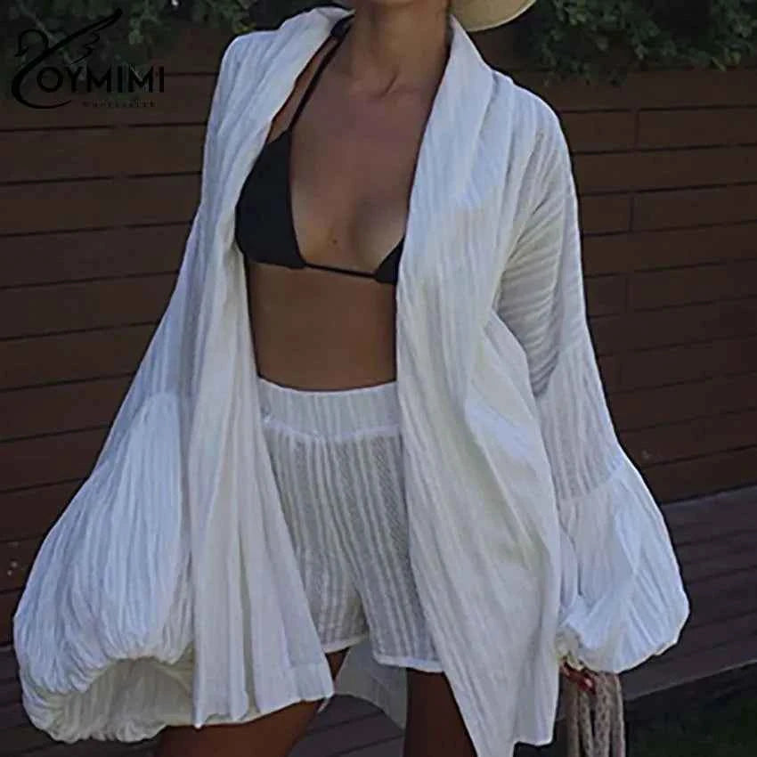 Oymimi Fashion White Cotton Women's Two Pieces Set Elegant Puff Sleeve Loose Lace-Up Shirts And High Waisted Shorts Female Sets