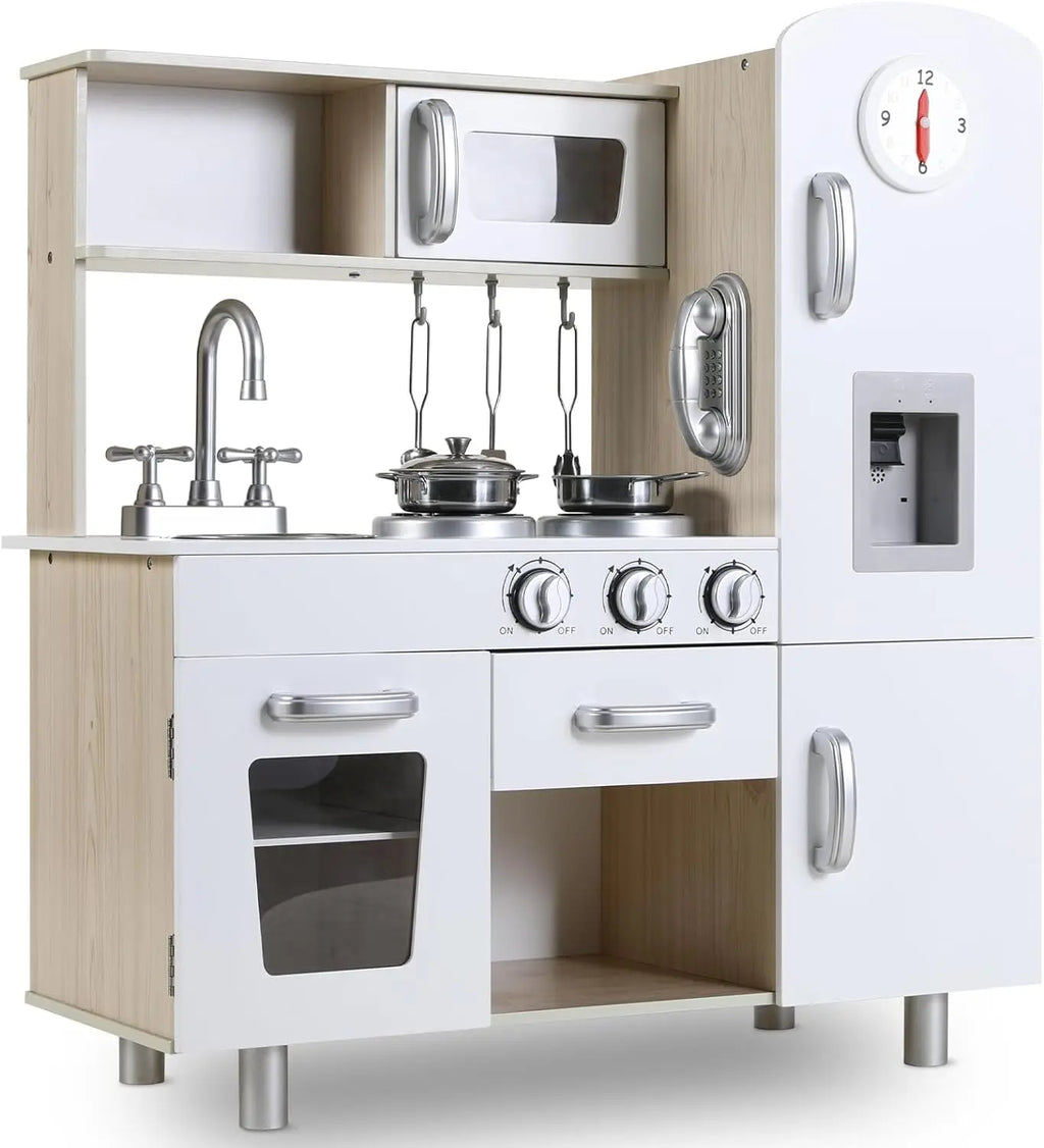 Wooden Play Kitchen Set Pretend Play Kitchen with Lights and Sounds for Kids Ages 3+, Includes Stove Oven Microwave Coffee Maker