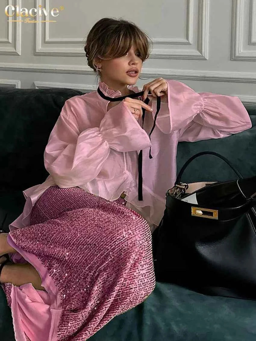 Clacive Sexy Loose White Women'S Shirt 2024 Fashion Ruffle Collar Long Sleeve Blouses Elegant See Through Top Female Clothing
