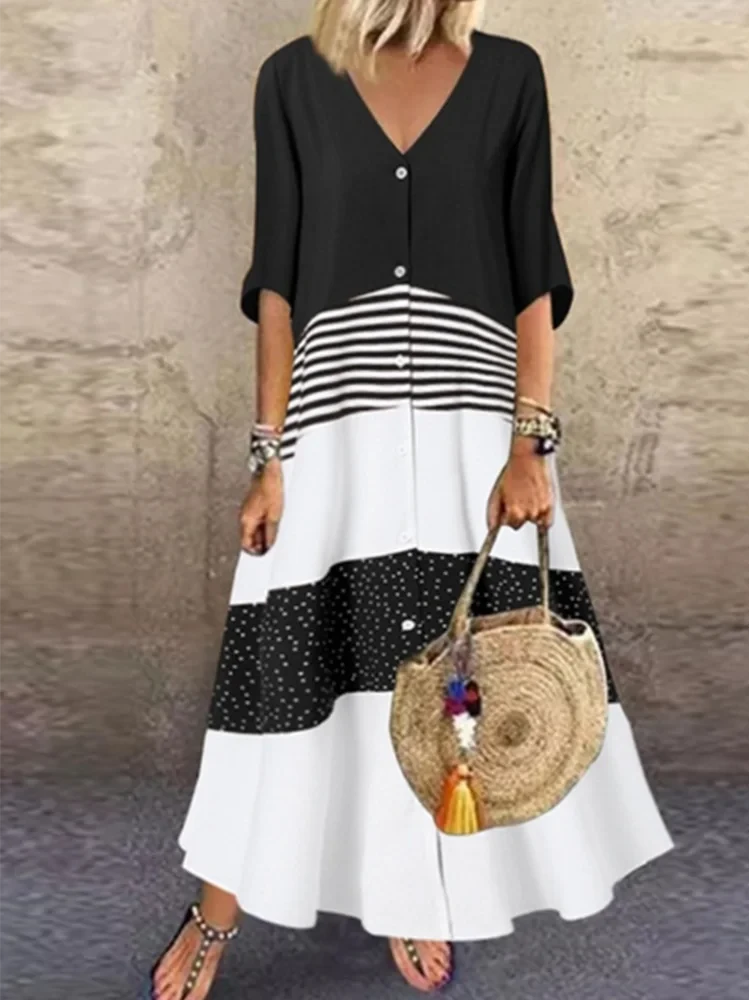 Color Blocked Printed Short Sleeved V-neck Button Up Women's Dress Street Versatile Artistic Retro Style Summer Dress