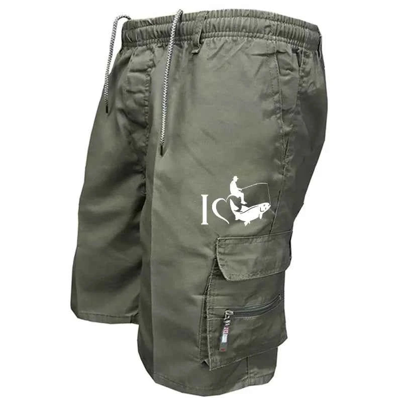 Trendy Mens Bib Shorts Casual Loose Shorts Funny I Love Fishing Printed Drawstring Pocket Shorts Summer Mens Shorts