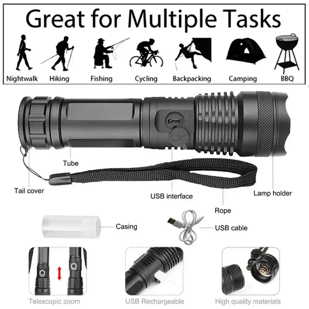 Rechargeable LED Flashlights 90000 Lumens Super Bright Zoomable Waterproof Flashlight with 3 Modes Powerful for Camping Hiking