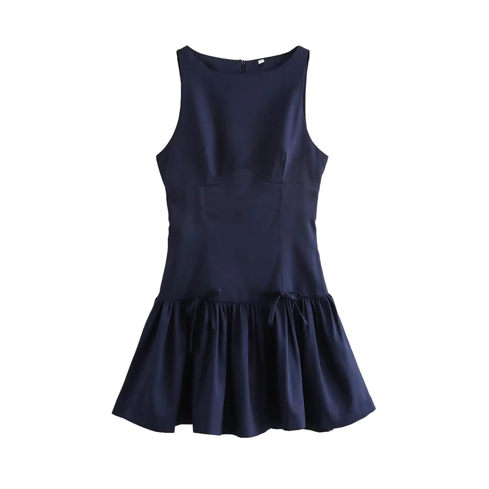 Women's Ruffled Mini Dress with Bows, O Neck, Sleeveless, Back Zipper, Female Dresses, Chic Fashion