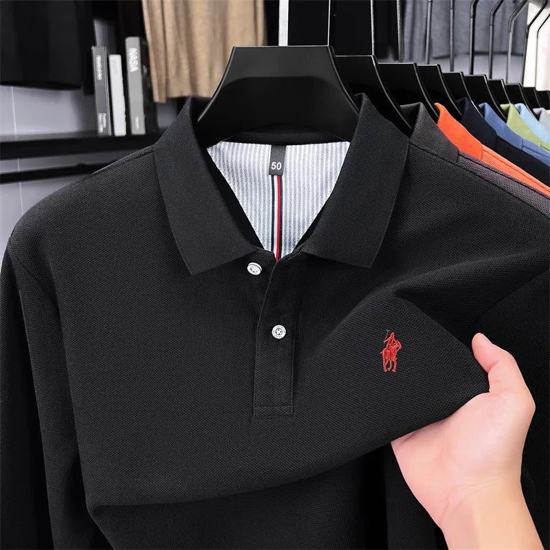 100% cotton high-end brand long sleeve polo shirt new Paul pony embroidery luxury comfort men's business leisure lapel T-shirt