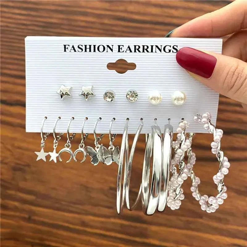 Silver Color Twist Hoop Earrings Set Brincos Heart Pearl Hoops Vintage Metal Geometric Earrings for Women 2023 Trendy Jewerly