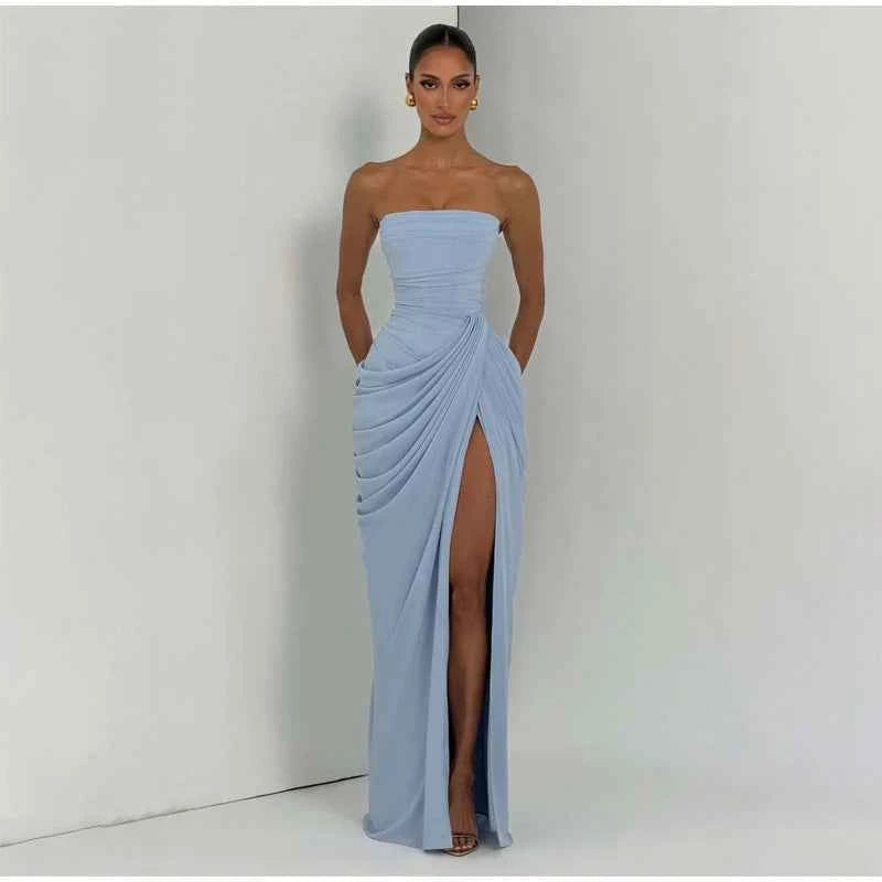 Lady Sexy Strapless Split Solid Pleated Dress Women Chic Backless High Waist Off-shoulder Dresses 2026 New Evening Party Gowns