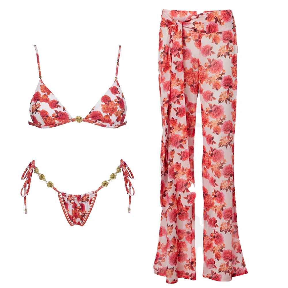 Print Bikini Swimsuit and Cover Up Bikini Set Women Sexy Lace Swimwear High Leg  Bathing Suit Beachwear Biquini