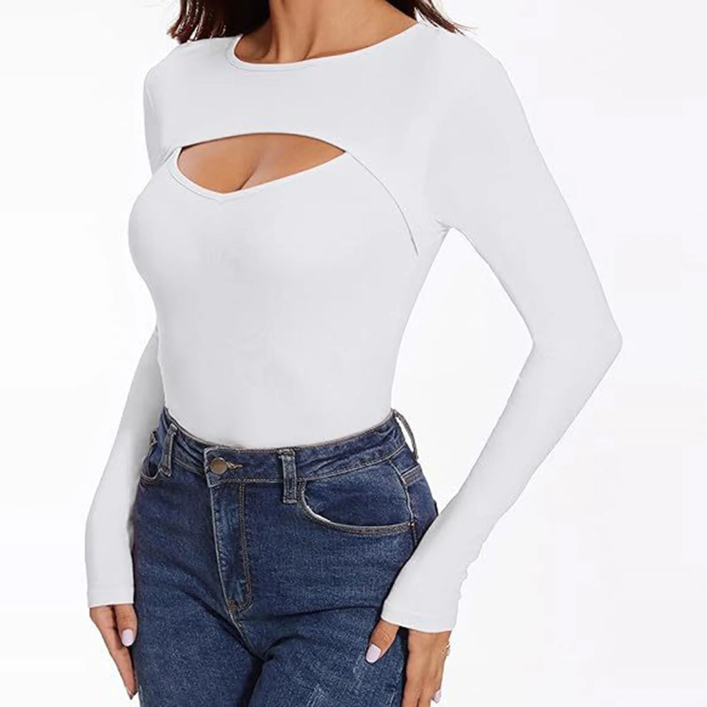Spring Autumn Women's Long Sleeve T-Shirt Fashion Casual Front Hollow Slim Sexy Top Female Slim Bottoming Shirt Pullover