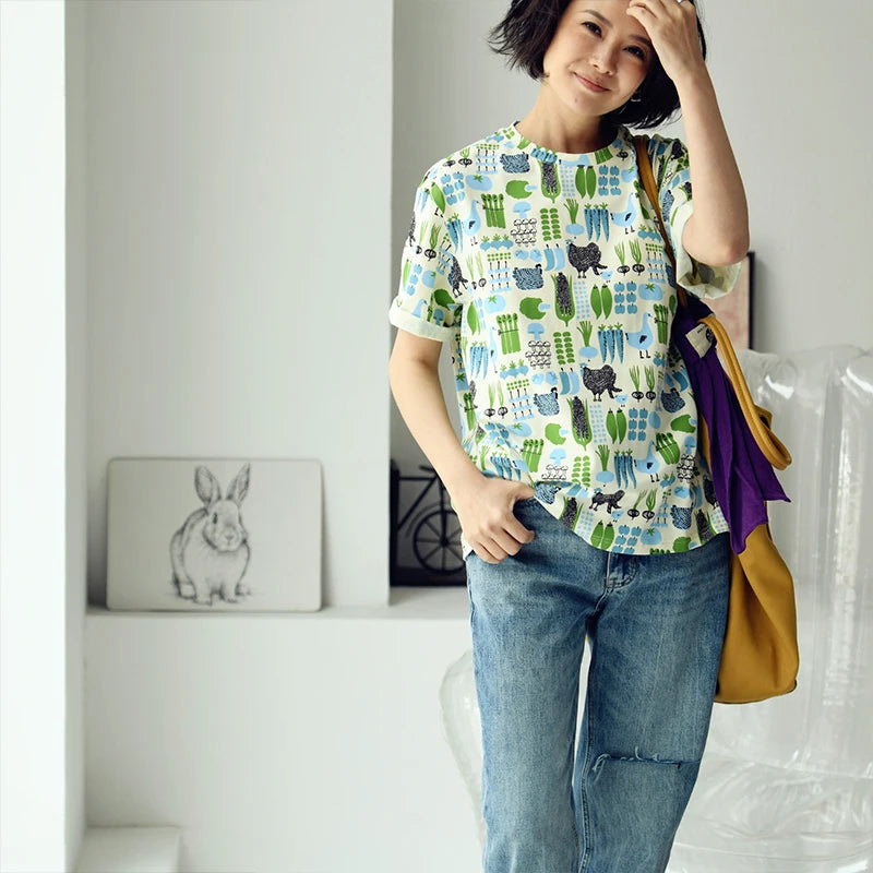 MICOCO T5310C Literary style fresh cartoon print loose crew neck short sleeve T-shirt women