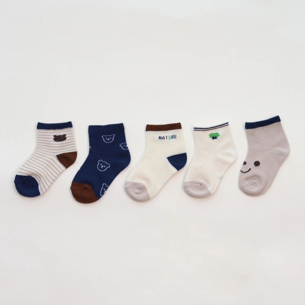 5 Pairs Summer Cotton Socks for Boy Girl Cute Cartoon Thin Breathable Baby Middle Tube Socks Fashion Stripe Kids Socks 0-3 Years