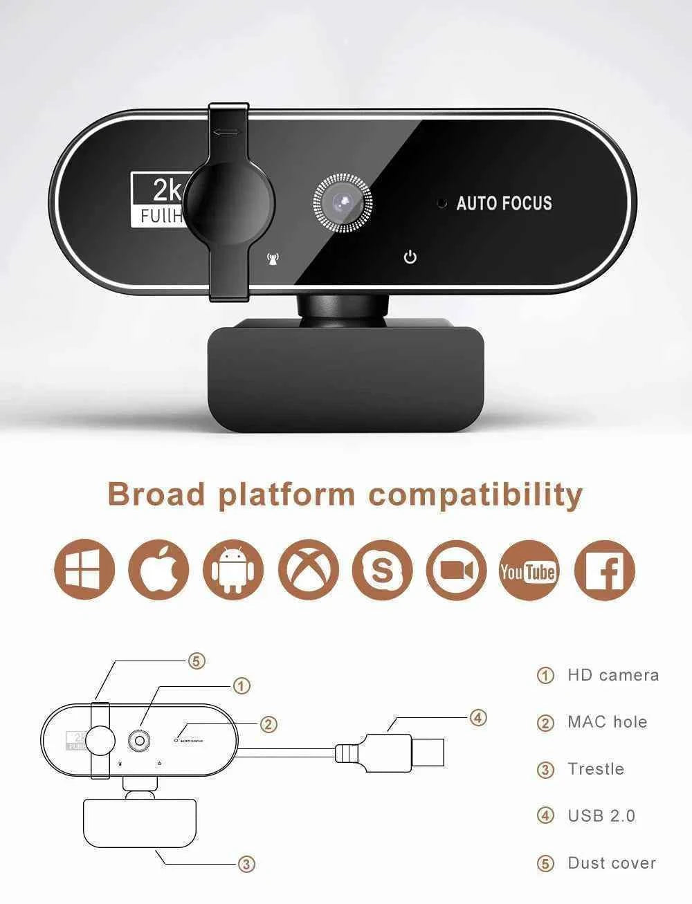 4K Webcam Video Camera 2K Autofocus Streaming Web Cam With Microphone Full HD 1080P Webcams for PC/Computer/Laptop