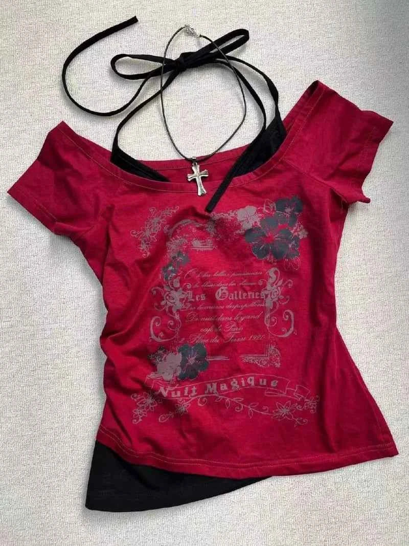 Vintage Gothic Prints Black T-Shirt Women Y2K Harajuku Fashion Punk Off-shoulder Sling Sexy Slim Summer Casual Trendy Top