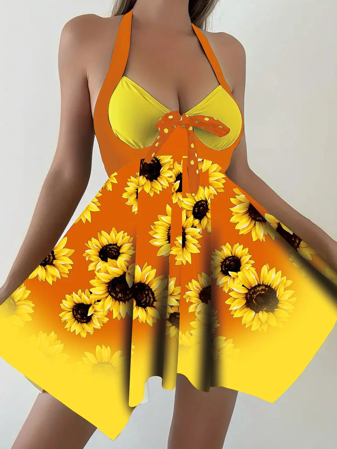 New 2025 Women's Two-Piece Bikini Set Yellow Sunflower Print Maxi Dress Style Swimsuit Floral Patterned Separate Swimsuit