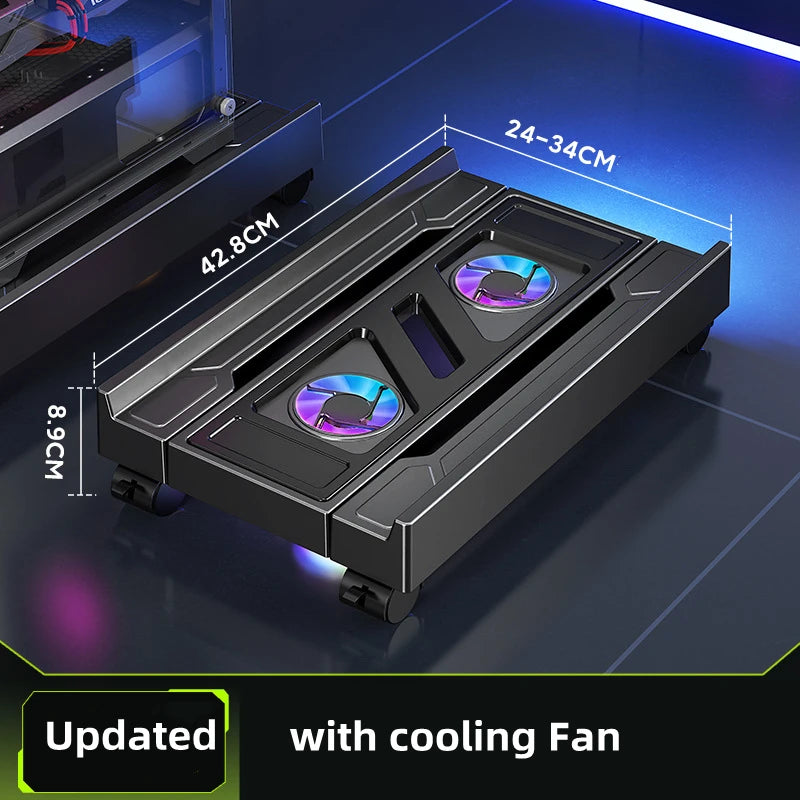 Mobile PC Tower Stand Adjustable Computer CPU Holder Telescopic Desktop Stand CPU Cart with RGB Cooling Fan Heat Dissipation