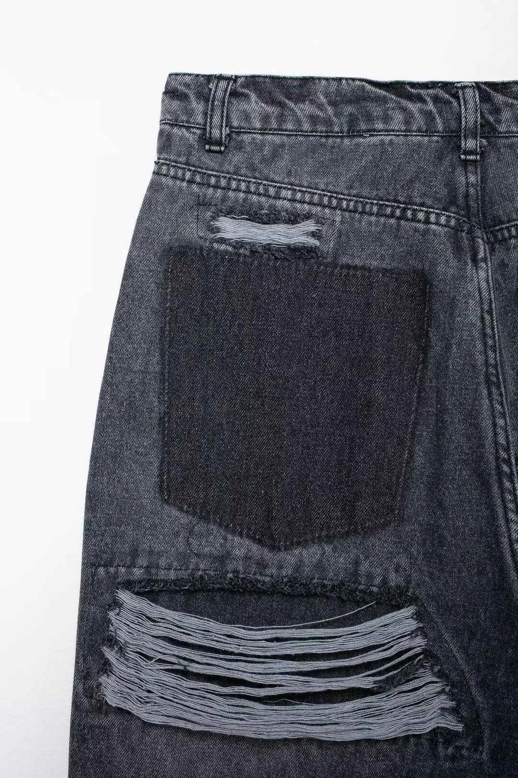 HH 2024 Women's Street Fashion Denim Blue Jeans Distressed Patchwork High Waist Zipper Fly Ripped Retro Long Pants