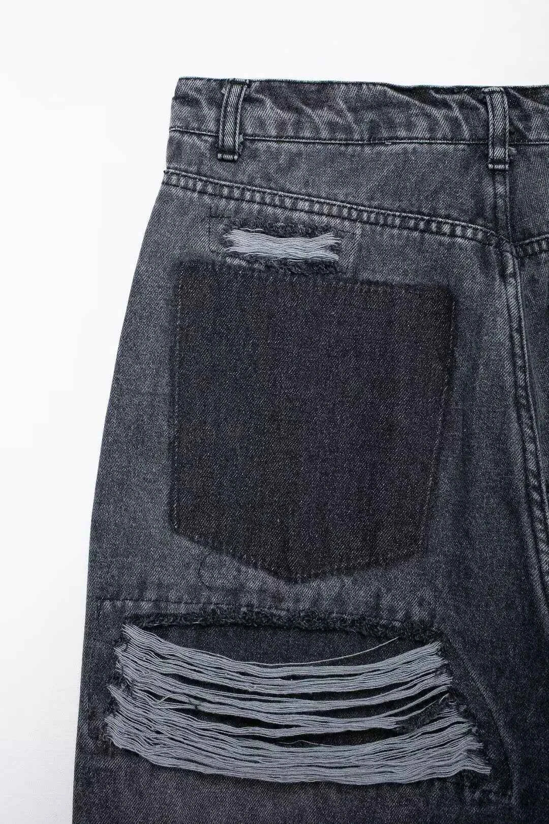 HH 2024 Women's Street Fashion Denim Blue Jeans Distressed Patchwork High Waist Zipper Fly Ripped Retro Long Pants