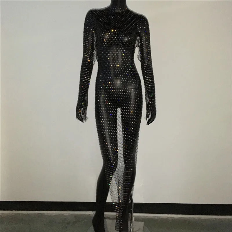 Y2K Sexy Shiny Rhinestones Grid Fishnet Dress Long Sleeve Hollow Out Side Slit Dress Beach Cover Up Breathable Lady Vestidos