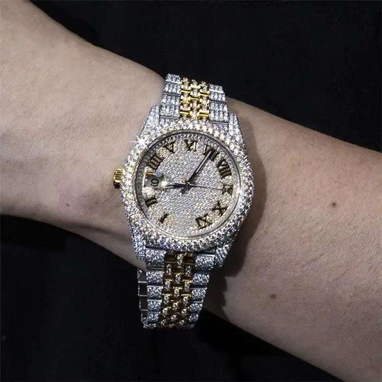 Iced Diamond Men's Luxury Watch Stainless Steel Band Roman Numeral Analog Quartz 40mm Round Case Sapphire Crystal Deployment