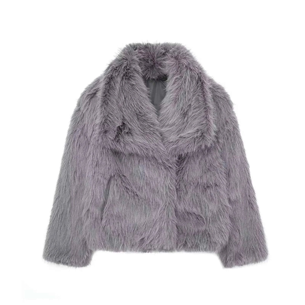 HH Women Fashion Cropped Faux Fur Jacket Coat Long Sleeve Front Snap-button Female Outerwear Chic Lapel Collar Thick Coat