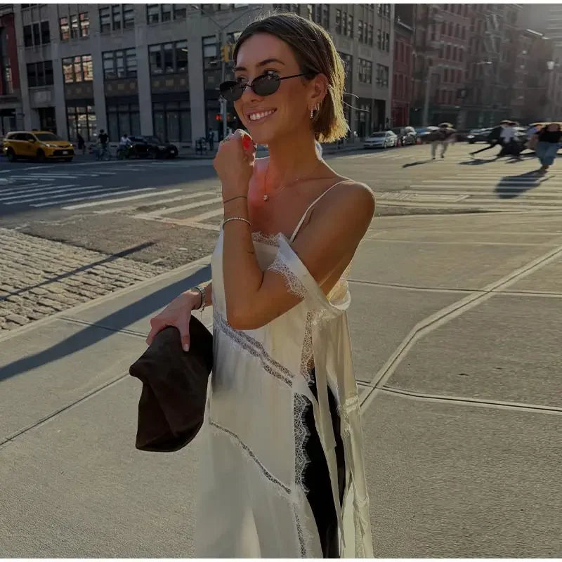 Sexy Solid Lace Patchwork Women's Dress Sleeveless Sling High Split Hollow Out Lady Dresses 2026 Summer Vacation Female Robe