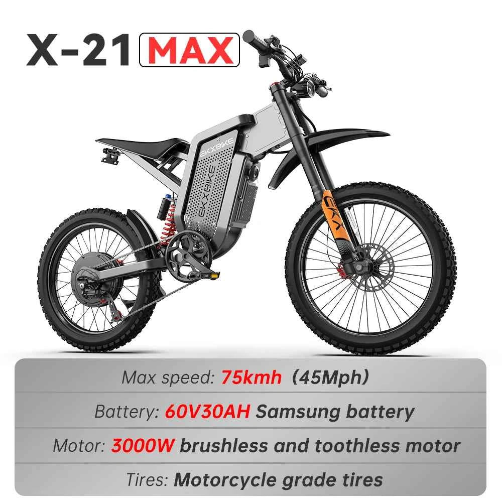 EKX X21 Max Electric Motorcycle EBIKE 3000W Brushless Gearless Motor, 60V 30Ah Battery, 85km/h, Adult Off-Road Ebike