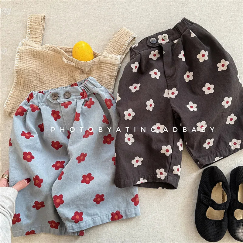 2026 Spring New Children Casual Pants Fashion Flower Print Girls Harem Pants Cotton Kids Loose Trousers Boys Cute Baby Clothes