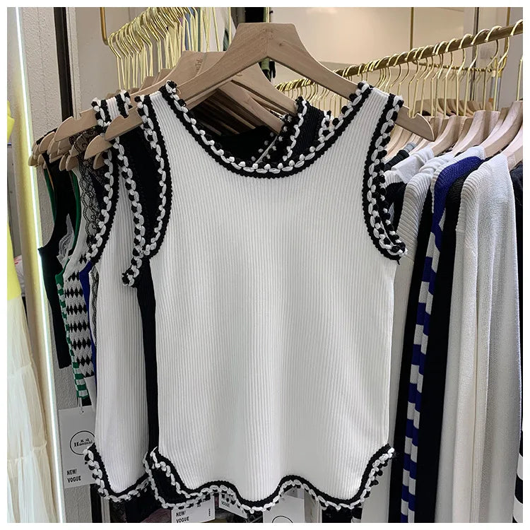 Women Summer Thin Curved Beads Knitted Vest Sleeveless Knit Camisole Tops Female O-Neck Outer Wear Inner Top Tank Rose
