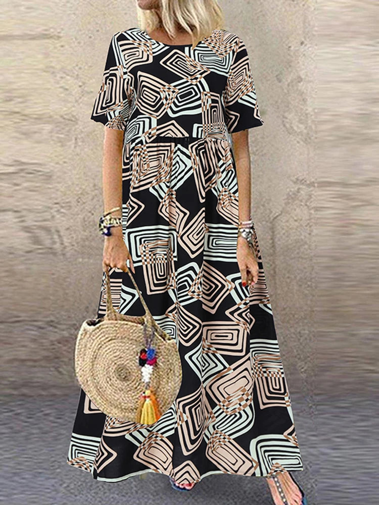ZANZEA Summer Maxi Dress Women's Vintage Printed Sundress Casual Loose Short Sleeve Vestidos Vacation High Waist Robe Femme 2024